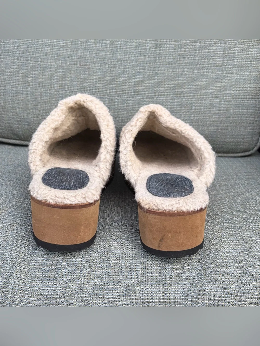 Seychelles Platform Mules Clogs Denim Plush Shearling Size 6 Wedge Cozy